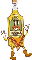 Poster - Cartoon groovy Mexican tequila bottle character. Mexico alcohol drink bottle groovy funny character. Tequila beverage funky vector personage, groovy mascot with mustaches, wearing boots and poncho