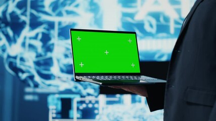 Poster - General manager holds chroma key laptop next to AI neural networks, working with deep learning and virtual assistant automation. Business leader uses cloud computing systems. Camera A.