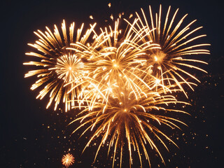 a vibrant photograph capturing multiple golden fireworks exploding in the dark night sky, creating a