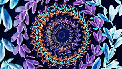 Poster - Colorful abstract spiral pattern with leaves on dark background  