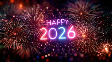 fireworks exploding behind happy 2026 neon sign