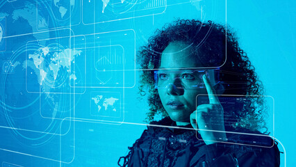 Poster - Conceptual visual of a foreign woman looking at a stereoscopic screen with smart glasses