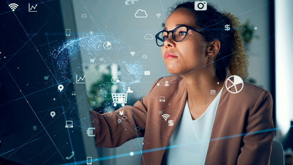 Aufkleber - Conceptual visual of a communication network with a black woman working in an office