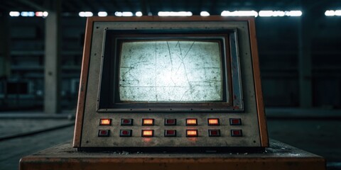 Poster - Retro Monitor in Abandoned Power Station with Glowing Controls