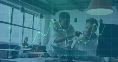 Poster - Standing analyst leaning over laptop as grid graph overlay sweeps driving business data analysis