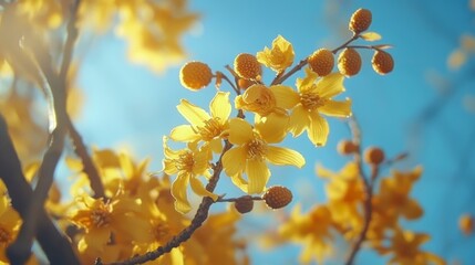vibrant yellow flowers bloom on a tree branch against a clear blue sky.