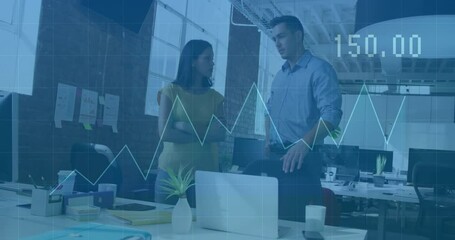 Poster - Colleagues at laptop initiating data analysis watching animated graph tracking business performance