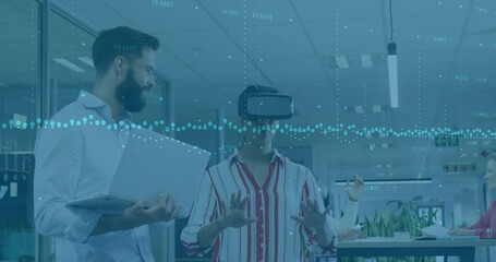 Poster - Bearded man demonstrating VR technology to woman, woman securing headset, tapping floating controls