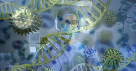 Poster - Doctor adjusting gloved hands and causing swirling DNA helix with virus icons for lab analysis