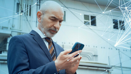 Poster - Conceptual visual of a middle-aged Caucasian man looking at a smartphone and a communication network