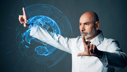 Aufkleber - Conceptual visual of a middle-aged Caucasian man in a white coat looking at a hologram image of the Earth
