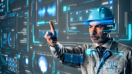 Aufkleber - Conceptual visual of a middle-aged Caucasian engineer operating a futuristic interface screen