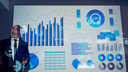 Poster - Conceptual visual of a middle-aged Caucasian man giving a presentation and statistical data