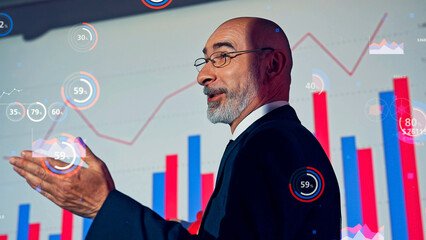 Poster - Conceptual visual of a middle-aged Caucasian man giving a presentation and statistical data