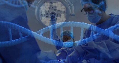 Poster - Surgeons adjusting lamp on signal aligning instruments under DNA helix overlay for genetic guidance