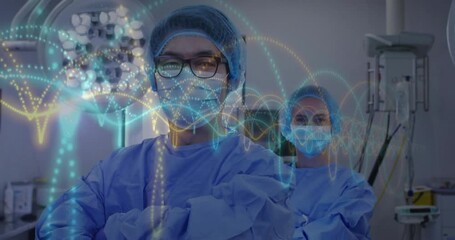 Poster - surgical team standing under light, digital particles drifting into waveform showing vitals