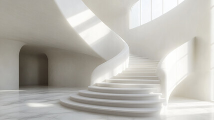 Poster - modern, elegant staircase in bright, minimalist interior with soft lighting