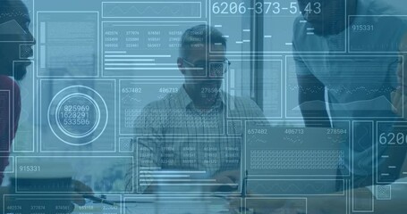 Poster - Lead pointing at doc as peer tapping pen initiating transparent UI cycling data charts for review