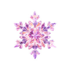 Poster - A stunning multi faceted crystal snowflake in shades of vibrant purple and soft pink emitting a mesmerizing prismatic glow against a clean white background