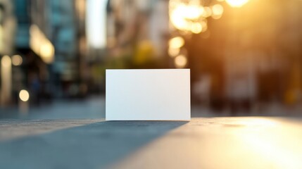 Wall Mural - blank white card mockup on urban background, sunset light.