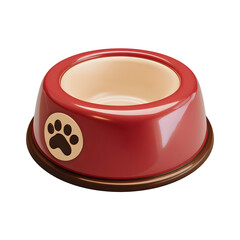 Poster - Vibrant red plastic pet food bowl with a brown paw print design on the front and a cream colored rim isolated on a plain background
