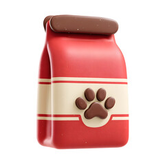 Poster - Stylized 3D rendering of a red pet food bag with cream stripes and an embossed brown paw print icon in a playful cartoon inspired design