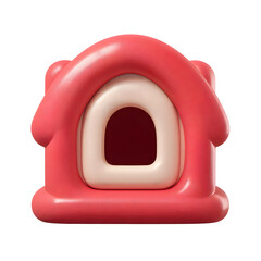 Poster - Whimsical 3D rendered icon of a soft pastel red plastic cat house with a cute rounded shape and minimalist design isolated on a clean white background