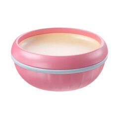 Poster - Soft pastel pink plastic bowl filled with a smooth creamy dessert or dairy product featuring a rounded minimalist design and a textured surface