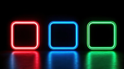 Poster - Three vibrant neon squares in red, blue, and green, reflecting on a dark surface.