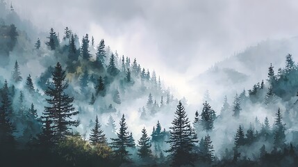 Aufkleber - A serene and atmospheric misty mountain landscape with towering pine trees emerging from the fog captured in a tranquil watercolor painting style