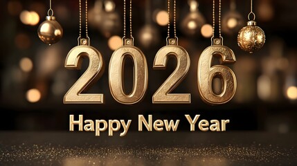 Poster - Luxurious golden  2026  design suspended against a velvet stage backdrop surrounded by sparkling ornaments and soft glowing lights