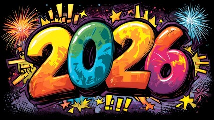 Poster - Colorful and playful 2026 design with bold typography fireworks and lively action lines creating an energetic and celebratory atmosphere for the upcoming year