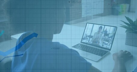 Poster - Viewer opening laptop and joining business meeting overlaying graphs with rising lines for insights