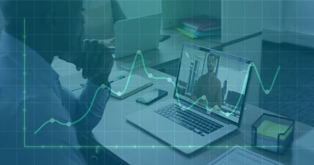 Poster - Man joining virtual meeting and analyzing sales data with animated graph overlay rising across desk