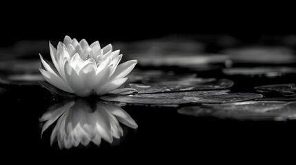 Poster - A solitary white lily flower gracefully floating on the still dark waters of a peaceful pond its delicate petals reflected in the tranquil surface below