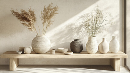 Poster - serene living room setting featuring various vases with dried flowers on wooden shelf