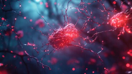 Poster - microscopic view of glowing red neurons and synapses in a dark background.