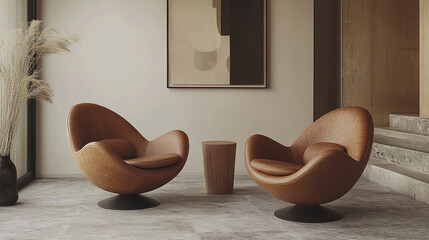 Poster - Modern interior design featuring stylish brown chairs and minimalist table