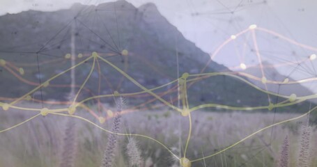 Poster - Network map fading in over mountain foothill, pulsing nodes morphing links to show data flow