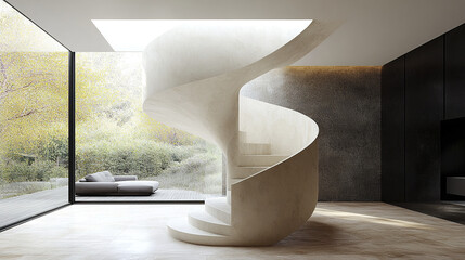 Poster - Modern luxury spiral staircase in bright home interior, showcasing elegance and design