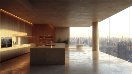 Poster - Modern kitchen interior with concrete and wood elements, showcasing stunning city view