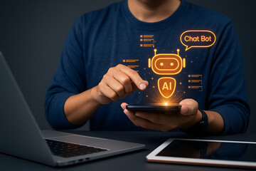 chatbot interaction: a person interacts with a digital chatbot interface, symbolizing the futuristic