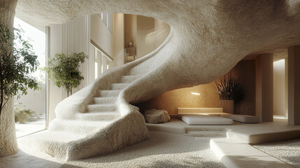 Poster - unique interior design featuring sculptural staircase and organic shapes, creating serene