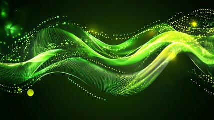 Poster - Abstract green wave of particles with glowing lights on dark background.