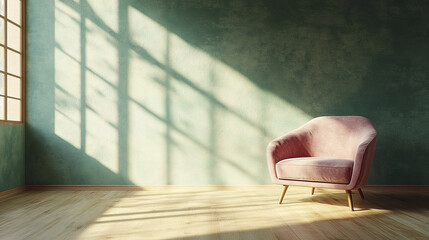 Poster - serene room with green wall and wooden floor, featuring pink modern chair bathed in sunlight
