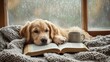 © florynstudio3 - Golden Retriever dog resting on a knitted blanket near an open book and a cup of coffee by a rain-streaked window.