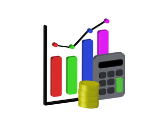 Poster - Simple illustration of a bar and dot chart icon with a calculator and stacked coins, PNG