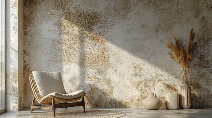 Poster - serene interior featuring cozy chair, textured wall, and decorative vases, evoking tranquility