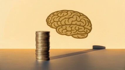Poster - Stack of Coins Casting Brain Shadow on Simple Background