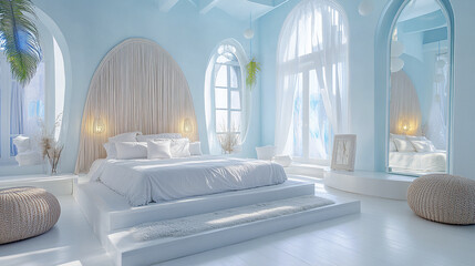 Poster - bright contemporary bedroom featuring soft blue tones and elegant decor, creating serene